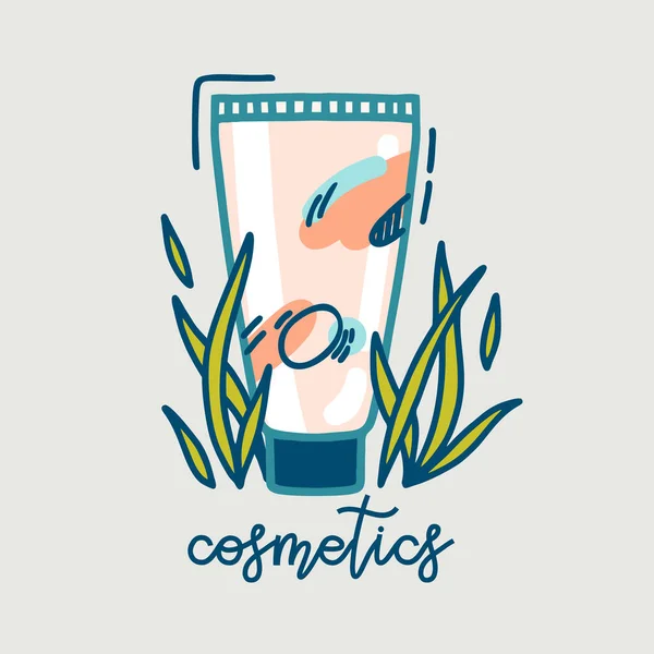 El çizimi vektör illüstrasyon derisi kozmetik şişesi. Bir tüp krem, bitkilerle jöle ve harfli kozmetik. Sağlıklı cilt ikonu için eko bitkisel kozmetik. Pastel renkler.