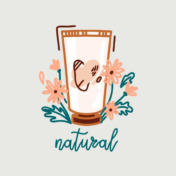 El çizimi vektör illüstrasyon derisi kozmetik şişesi. Bir tüp krem, çiçekli jöle ve doğal harf. Sağlıklı cilt ikonu için eko bitkisel kozmetik. Pastel renkler.