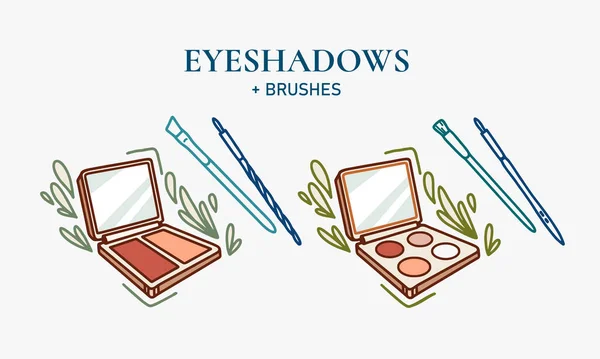 El çizimi vektör makyaj seti ve fırçalı kozmetik palet. Çizgi resim ikonu göz farı, fosforlu kalem, kontür, bronzlaştırıcı. Çiçek çizgisi renkli el çizimi illüstrasyonuName.