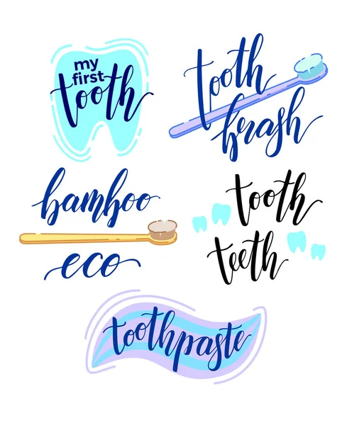 Bir dizi dişçi harfi. El yazısı bambu diş fırçası, ilk dişim, dişlerim, eko, diş macunum. El yazısı kelimesi. Tasarım afişleri, deri yüzücüler, posterler vs. için diş şekilli simge.