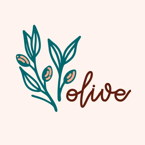 Zeytin ağacı dalının vektör çizimi. Yazılı zeytinli simge. El çizimi silueti.