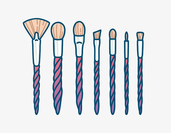 Tek boynuzlu at makyaj fırçaları hazır. Vektör çizgisi çizimi. Beyaz arka planda izole edilmiş güzellik ve cilt simgeleri. Dükkan ve kuaför için makyaj malzemesi