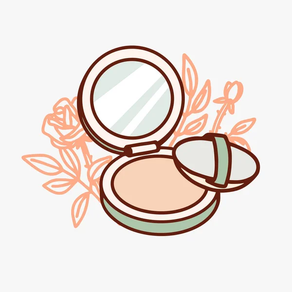 Ayna simgesi izole edilmiş çizgi makyaj tozu. Güllü vektör el çizimi simgesi. Güzellik dekoratif kozmetik işareti, makyaj çizimi. Pastel çıplak renkler.