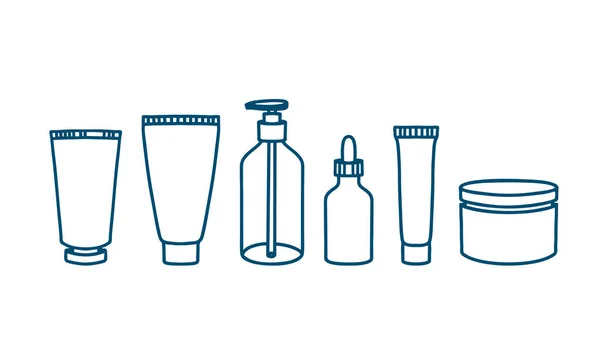 El çizimi vektör ikonu makyaj seti ve kozmetik şişesi. Mağaza ve kaplıca için makyaj malzemesi koleksiyonu. Yağ, yüz kremi, el kremi, jöle, geyik yağı.