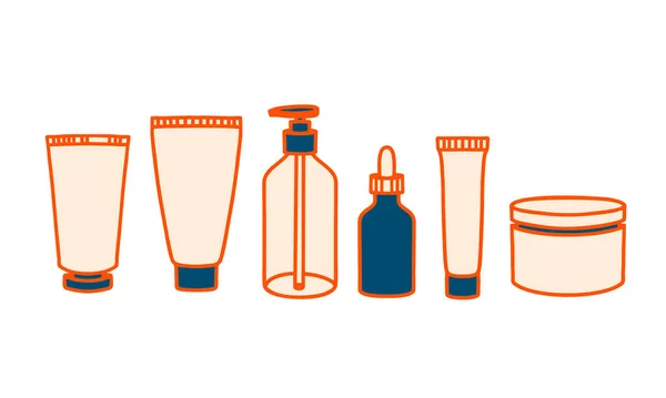 El çizimi vektör ikonu makyaj seti ve kozmetik şişesi. Mağaza ve kaplıca için makyaj malzemesi koleksiyonu. Yağ, yüz kremi, el kremi, jöle, geyik yağı.