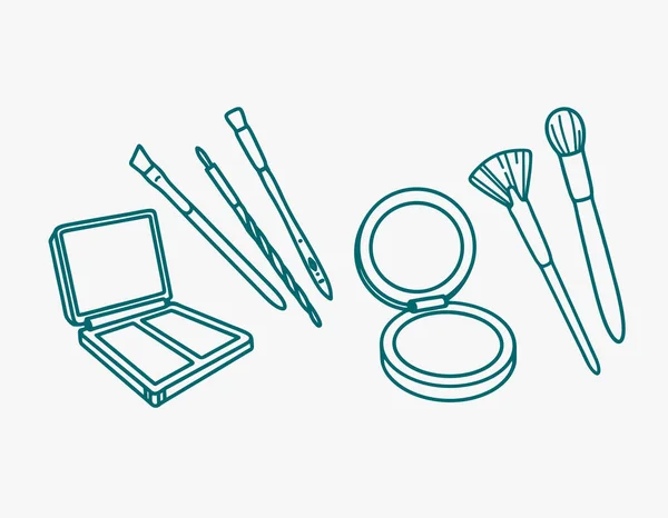 El çizimi vektör ikonu makyaj seti ve küstah kozmetik palet. Çizgi sanat koleksiyonu simgesi göz farı, fosforlu kalem, dış görünüş, bronzlaştırıcı, pudra.