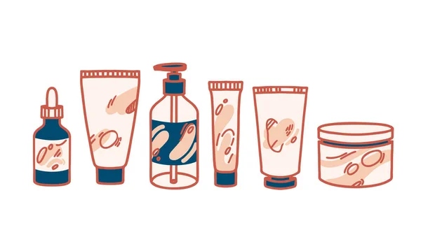 Conjunto Iconos Boho Vector Dibujado Mano Maquillaje Botella Cosméticos Ilustración — Archivo Imágenes Vectoriales