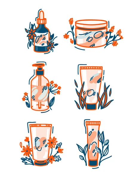 El çizimi vektör illüstrasyon kozmetik tüpleri ve yağ için damla şişesi. Zeytin ve çiçekli dükkan ve kuaför için doğal makyaj koleksiyonunun Boho çizimi. Pastel renkleri ayarlandı.