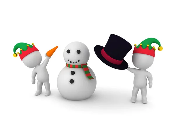 Two Characters Elf Hats Building Snowman Isolated White Background — Stock Photo, Image