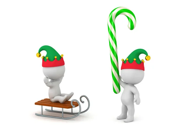 Characters Playing Sled Large Candy Cane Isolated White Background — Stock Photo, Image