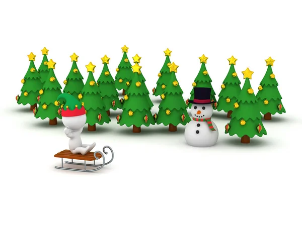 Figur Mit Schlitten Mehreren Weihnachtsbäumen Und Einem Schneemann Isoliert Auf — Stockfoto
