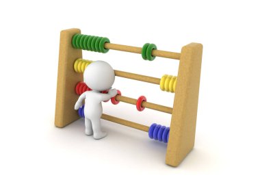Abacus kullanarak 3d karakter. 3d render üzerinde beyaz izole.
