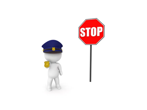 Policjant Obok Czerwony Znak Stop Renderowania Białym Tle — Zdjęcie stockowe