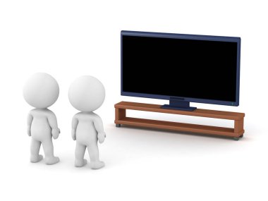 İki 3d karakterler büyük Tv. Isolated beyaz arka plan üzerinde izliyor.