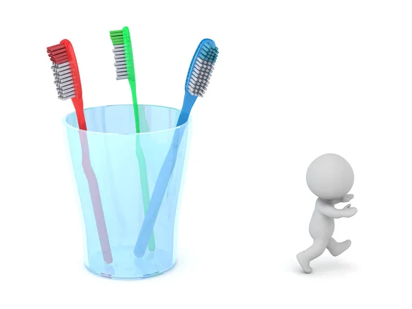 Character Running Away Tooth Brushes Isolated White Background — Stock Photo, Image