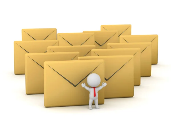 Character Many Large Mail Envelopes Isolated White Background — Stock Photo, Image