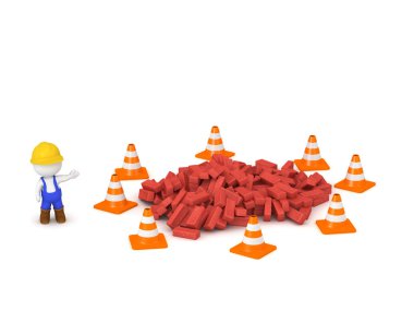 inşaat iş giyimi 3D karakter tuğla yığını gösteriyor. Beyaz arka plan üzerinde izole.