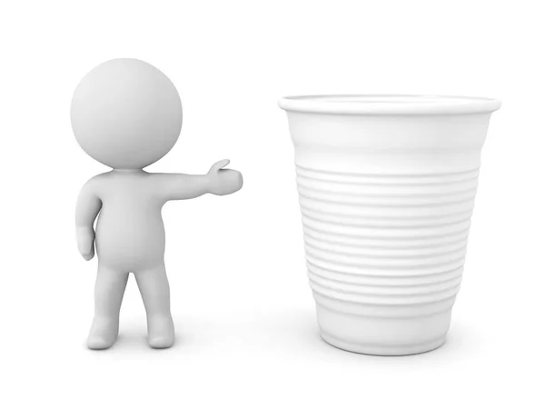 Персонаж Показує Велику Білу Пластикову Чашку Ізольовані Білому Тлі — стокове фото