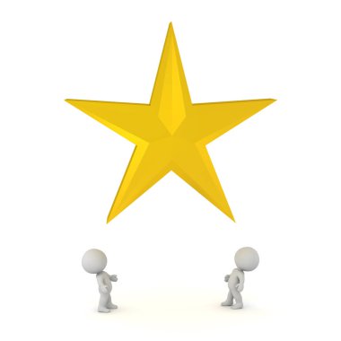 Büyük bir yıldız ararken iki 3d karakter. Beyaz arka plan üzerinde izole.