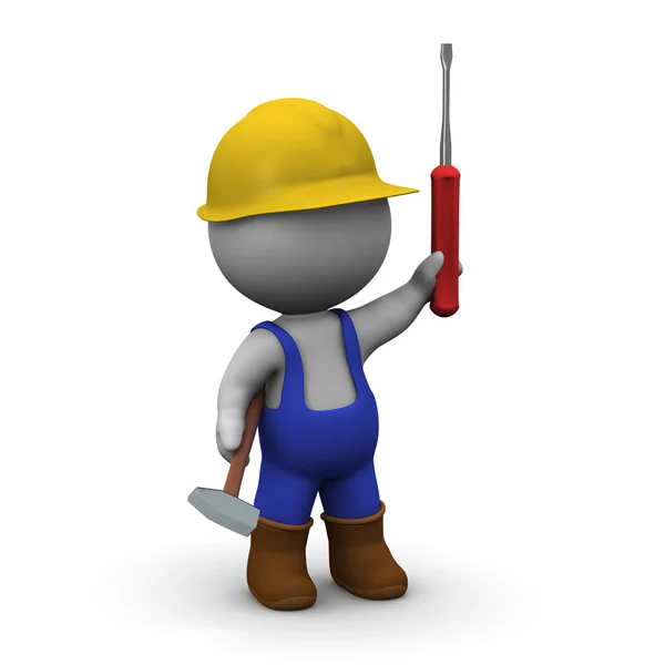 Character Wearing Worker Overalls Holding Screwdriver Isolated White Background — Stock Photo, Image