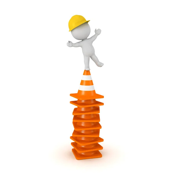 Character Standing Top Stack Orange Road Cones Isolated White Background — Stock Photo, Image