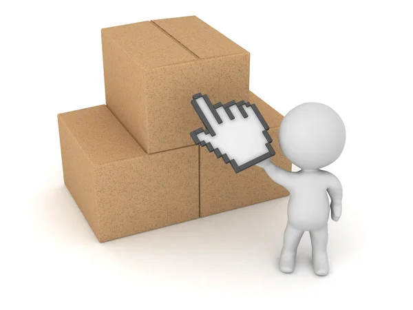 Character Click Hand Cursor Some Cardboard Boxes Isolated White Background — Stock Photo, Image