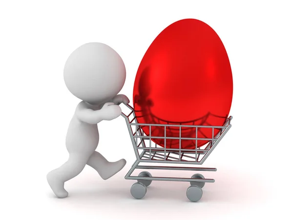 Character Pushing Shopping Cart Huge Red Easter Egg Isolated White — Stock Photo, Image