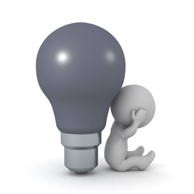 Üzgün 3d karakter büyük karanlık ampul altında oturuyor. Beyaz arka plan üzerinde izole.