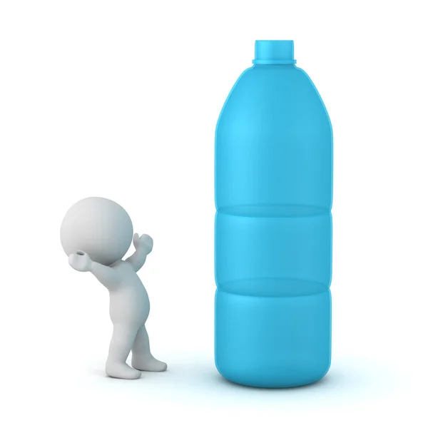 Personaje Mirando Hacia Arriba Una Botella Agua Plástico Grande Aislado — Foto de Stock