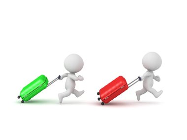 İki 3d karakterler çalışan ve seyahat trollers çekerek. Beyaz arka plan üzerinde izole.