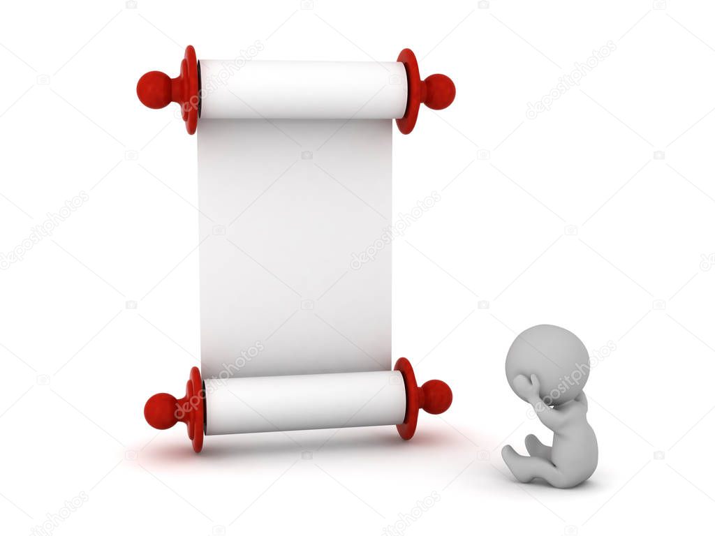 Sad 3D character sitting down holding his head next to a large scroll of a bill or law. Isolated on white background.