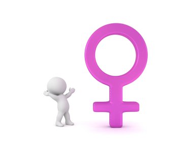 3D karakter yanındaki kadın cinsiyet işaretini hevesli. 3d render üzerinde beyaz izole.