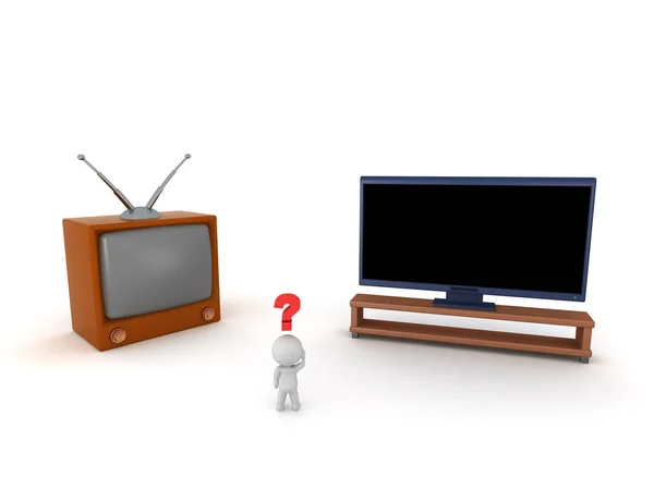 字符与复古电视和现代宽屏电视 隔离在白色背景 — 图库照片