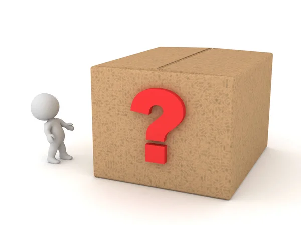 Character Alrge Cardboard Box Question Symbol Isolated White Background — Stock Photo, Image