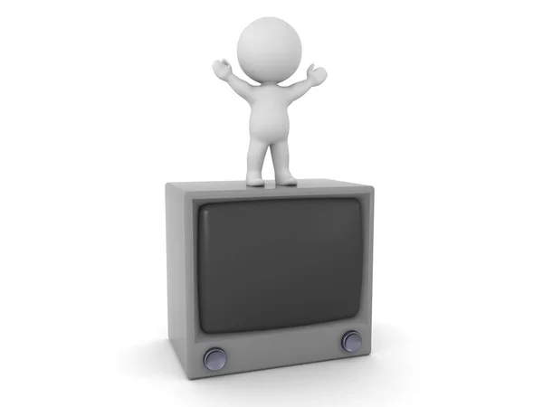 Счастливый Персонаж Стоящий Старом Телевизоре Изолированный Белом Фоне — стоковое фото