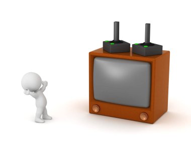 Beyaz arka plan üzerinde eski Isolated Tv. retro video oyunları ile mutlu 3d karakter.