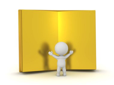 Mutlu 3d karakter ile altın sayfalar ile büyük bir kitap. Beyaz arka plan üzerinde izole.