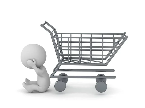 Upset Character Sitting Next Empty Shopping Cart Isolated White Background — Stock Photo, Image