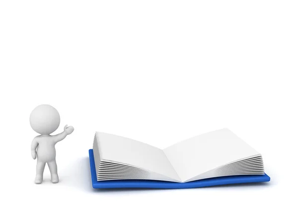 Small Character Showing Large Open Book Isolated White Background — Stock Photo, Image