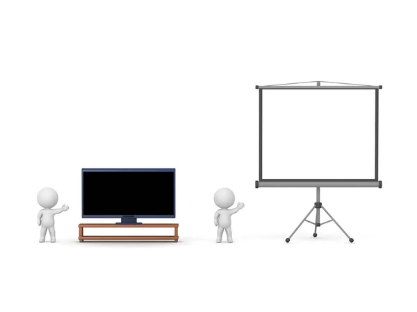 Персонажи Показывают Широкоэкранный Телевизор Экран Проектора Изолированный Белом Фоне — стоковое фото