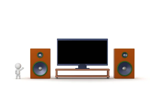 3D Character Showing Large TV with Speakers — Stock Photo, Image