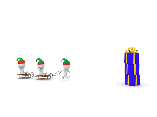 3D Characters in Elf Hats Going Toward Gifts — Stock Photo, Image