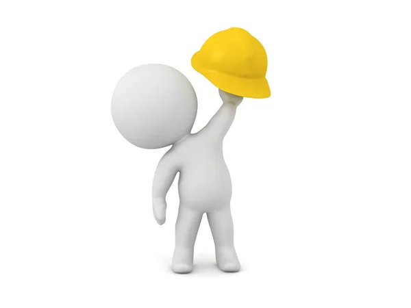 Personaje 3D sosteniendo un sombrero duro amarillo — Foto de Stock