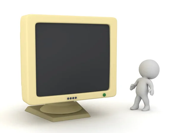 Small 3D Character with Old Computer Monitor — Stock Photo, Image