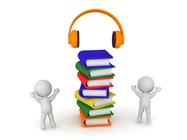 Happy 3D Characters with Books and Headphones — Stock Photo, Image