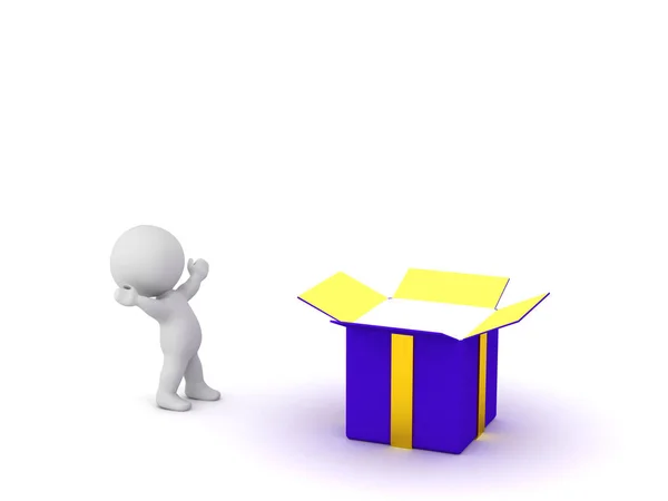 Glückliche 3D-Charakter mit einer offenen Geschenkbox — Stockfoto