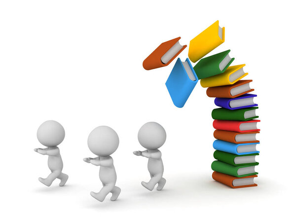 3D Characters Running Away from Fallling Books