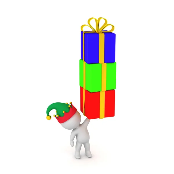 3D Character in Elf Hat Holding Up Stack of Colorful Gifts — Stock Photo, Image