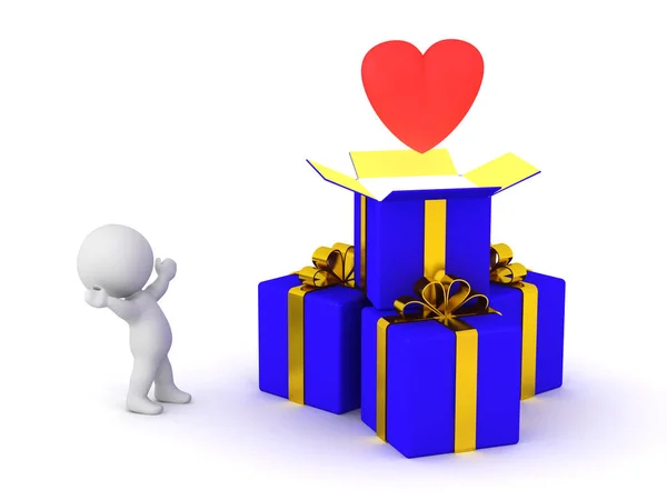 Personagem 3D feliz com caixas de presente e um coração vermelho — Fotografia de Stock