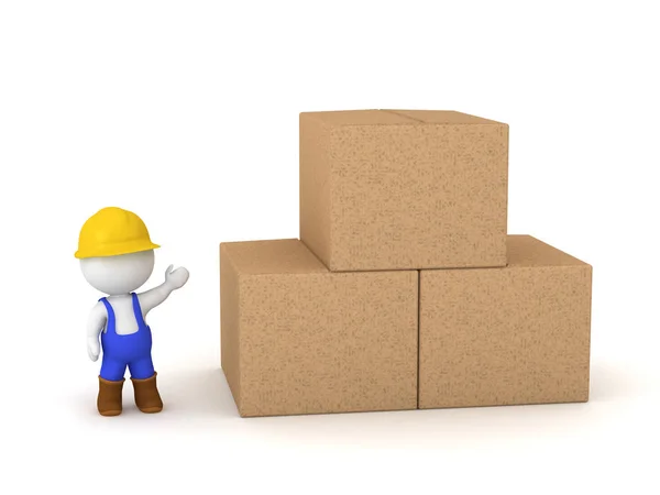 3D personage in bouw Overalls tonen van kartonnen dozen — Stockfoto